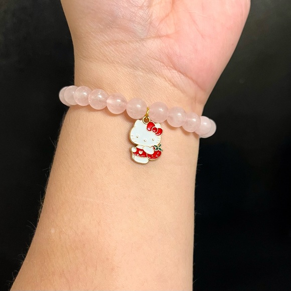 8mm Rose Quartz Hello Kitty Pendant Beaded Bracelet - Picture 4 of 4